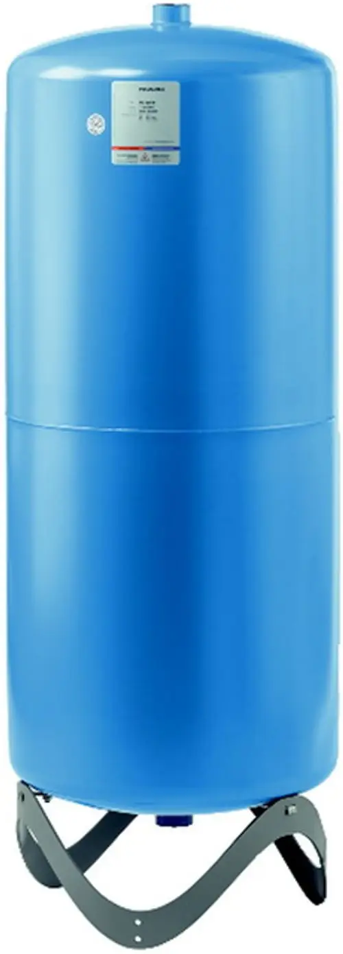 Blaues, zylindrisches Druckbehälter mit einer stabilen Halterung, hergestellt von IMI Hydronic Engineering. Oberseite mit Anschluss und Produktinformationen.